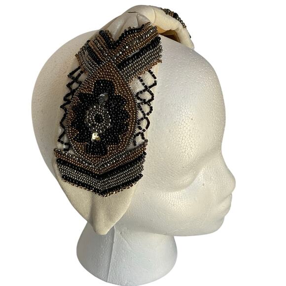 Hand Beaded Mexican Headband – Beige  Padded Turban Style Embroidered Boho - Picture 1 of 12
